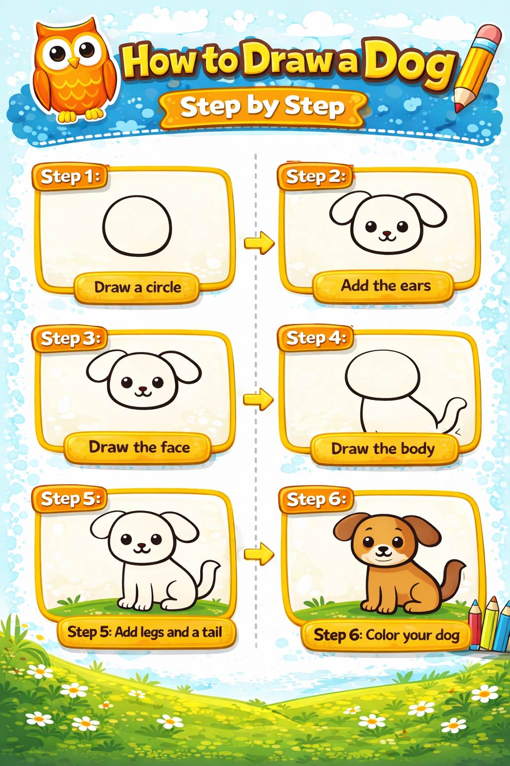 How to Draw a Dog Step by Step for Kids – Easy and Cute Dog Drawing ...